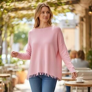 NWT BIANCO & blu Pink Cashmere Wool Blend Sweater Frayed Hem Raw Edge Luxe XL